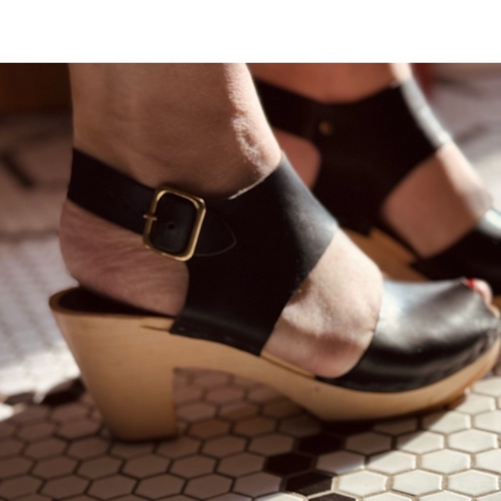 Bryr Black Leather Clogs with Wooden Heel